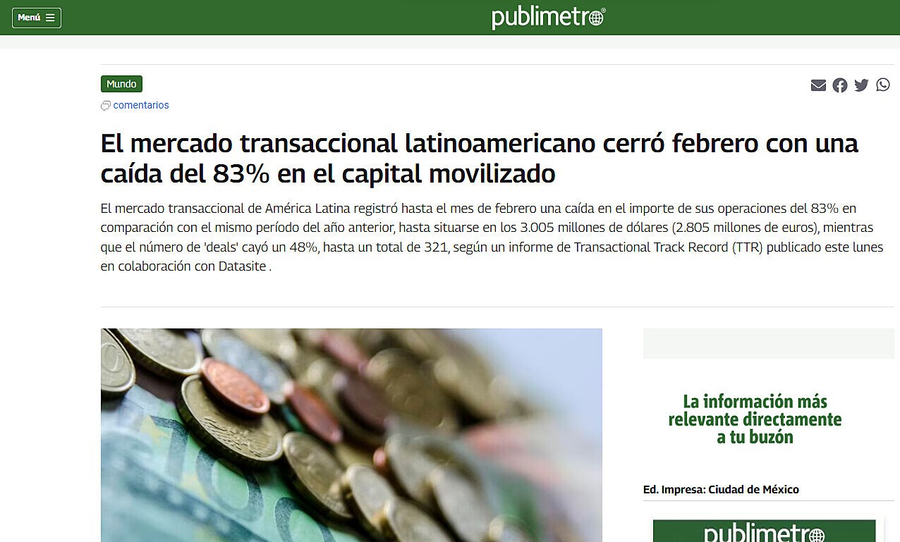 El mercado transaccional latinoamericano cerr febrero con una cada del 83% en el capital movilizado